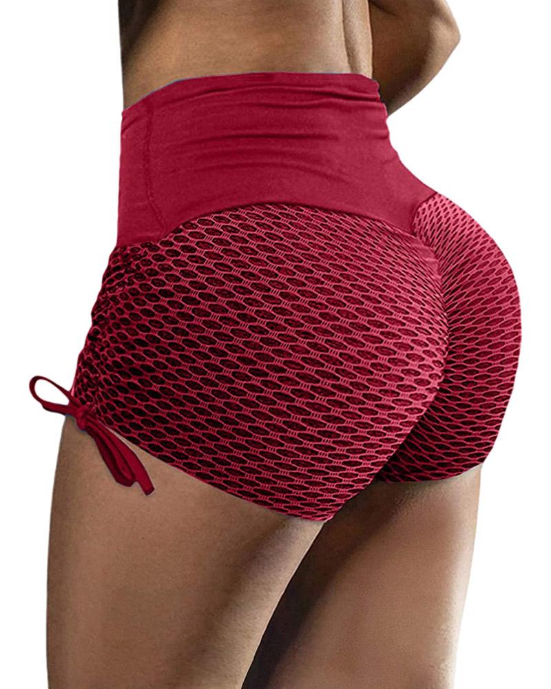 

High Waist Scrunch Butt Lift Drawstring Honeycomb Active Shorts, Red