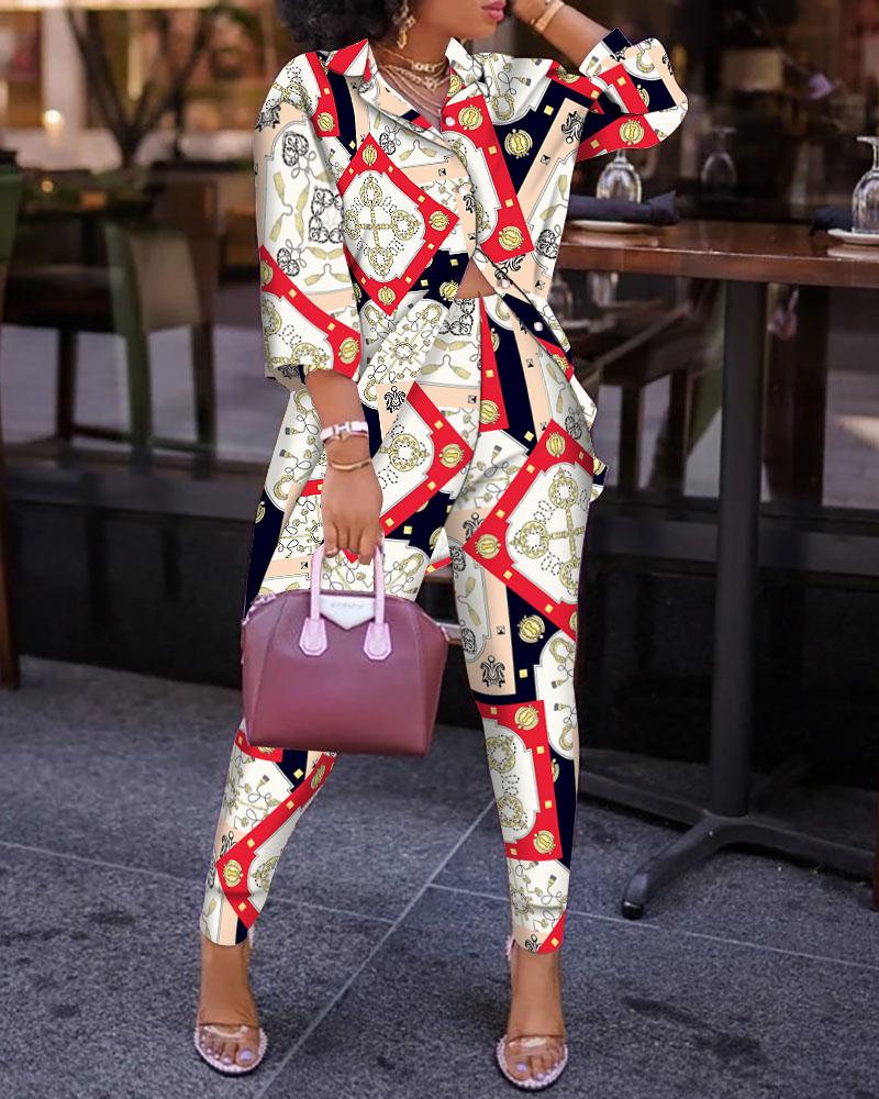 

Scarf Print Turn-Down Collar Top & Pants Suit Set, Red