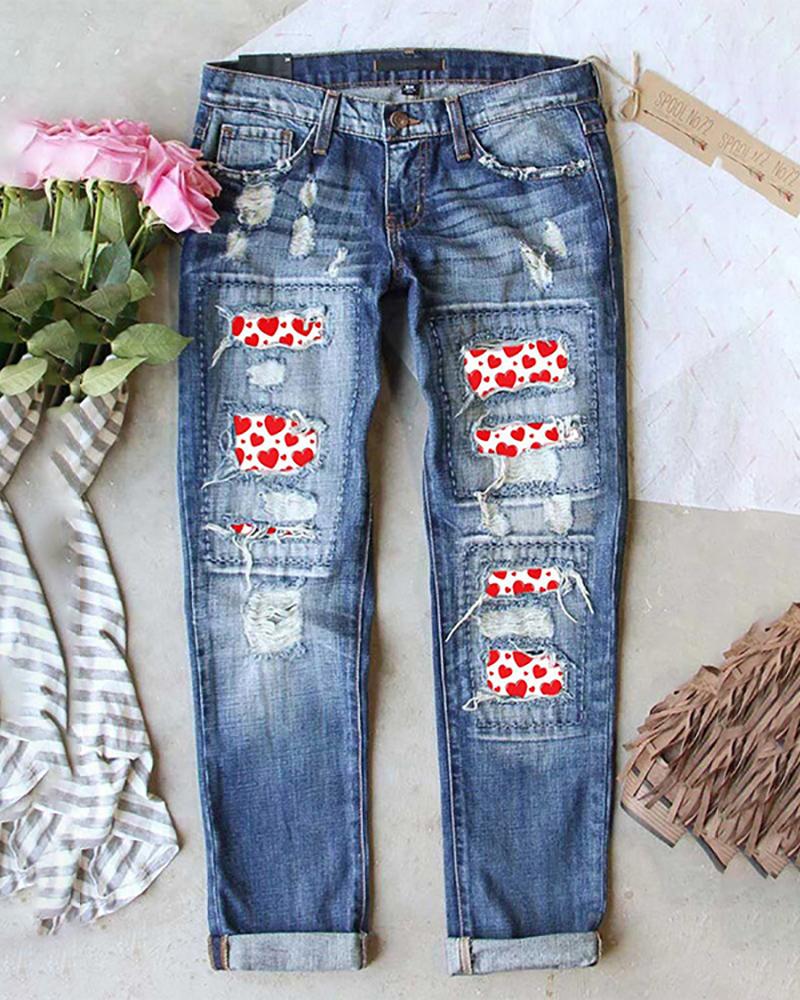

Heart / Cheetah / Plaid Print Ripped Pocket Design Jeans, Style2