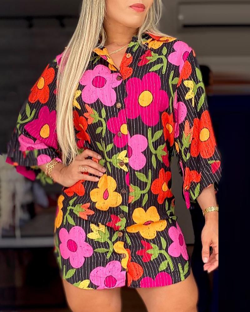 

Floral Print Button Front Shirt Dress, Multicolor