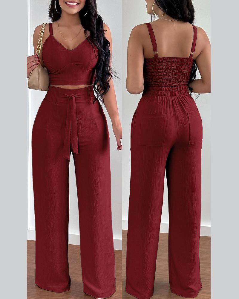 

Shirred Crop Top & Pocket Design Wide Leg Pants Set, Wine red