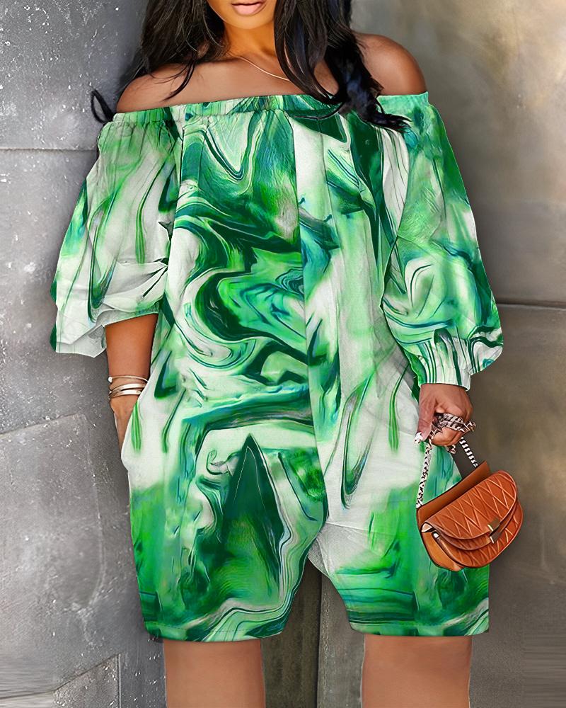 

Plus Size Marble Print Off Shoulder Romper, Green