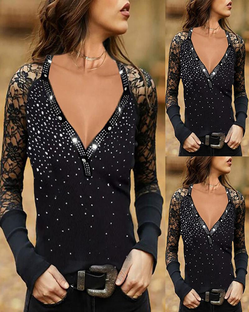 

V Neck Sheer Mesh Crochet Lace Patch Rhinestone Top, Black