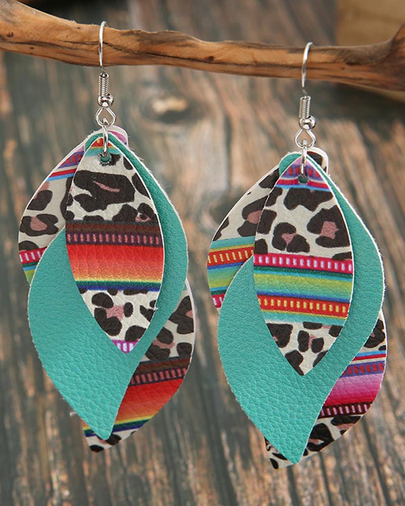 

1Pair Leopard Cowboy Style Leaf Layered Drop Earrings, Green