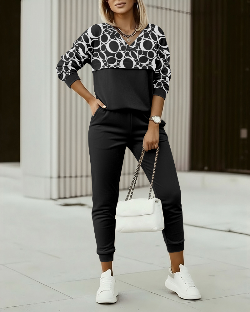 

2 Pieces Outfit Circle Print Spliced V-Neck Long Sleeve Drop Shoulder Top and Elastic Waist Jogger Pants Set Casual Velvet Set, Black