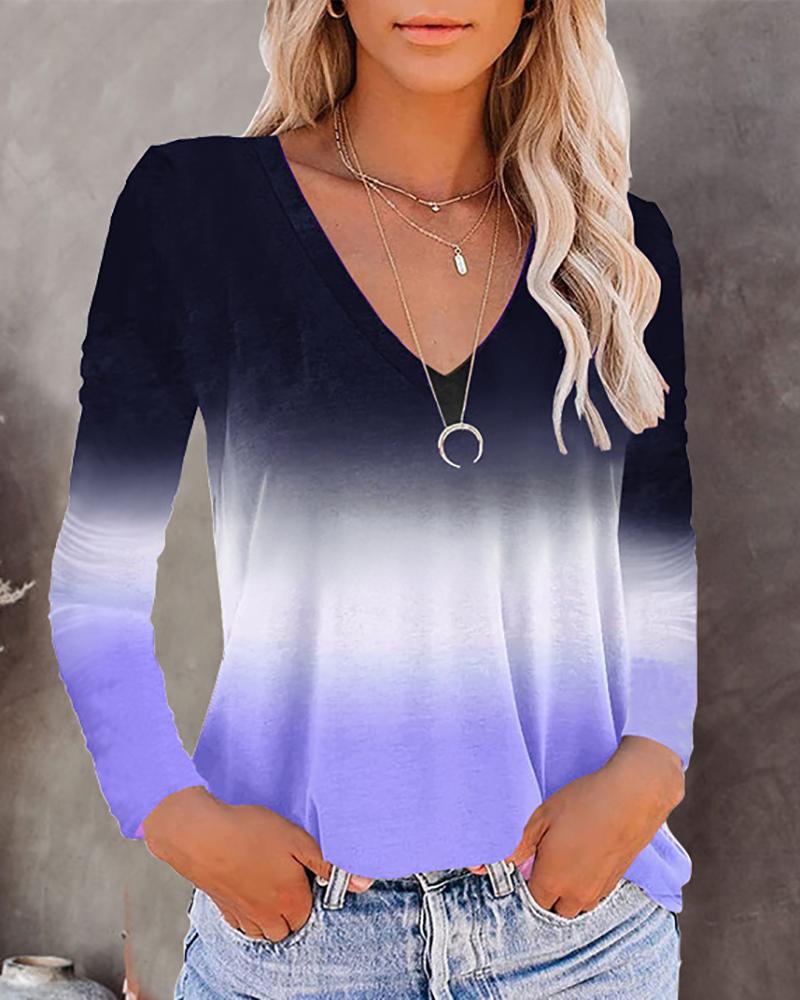 

Long Sleeve V Neck Ombre Colorblock Top, Blue