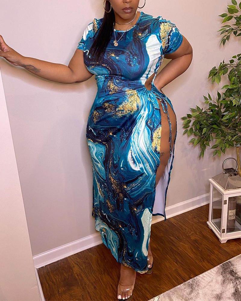 

Plus Size Abstract Print Cutout High Slit Casual Dress, Blue