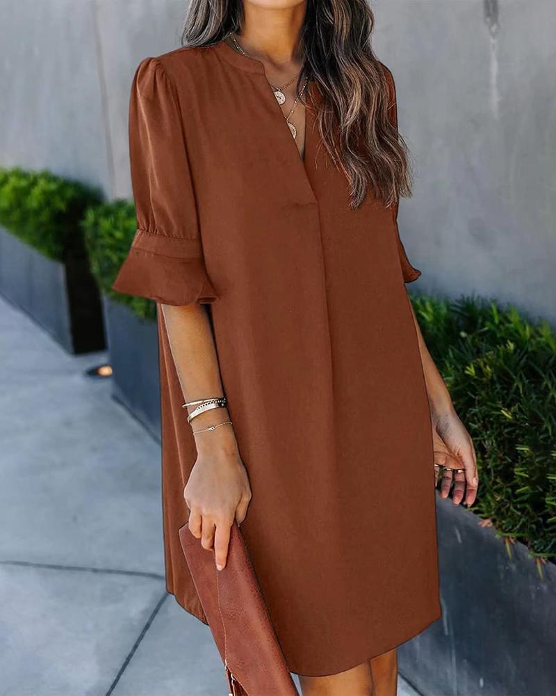 

V Neck Half Sleeve Casual Dress, Dark red