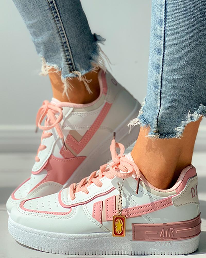 

Colorblock Metal Decor Lace-up Sneaker, Pink