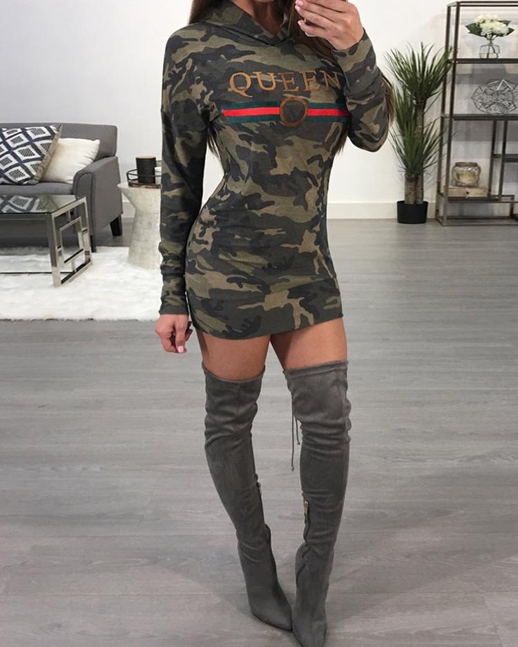 

Stylish Camouflage Print Casual Hoodie Women Dress, Army green