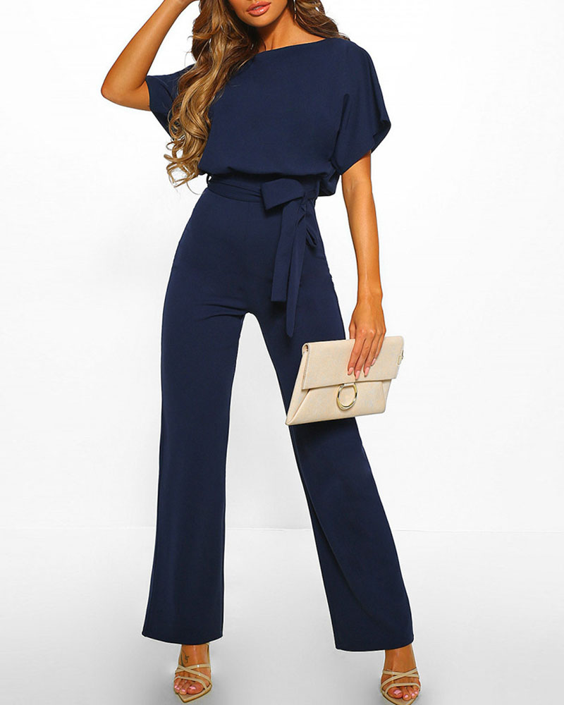 

Batwing Sleeve Keyhole Back Tied Detail Jumpsuit, Purplish blue