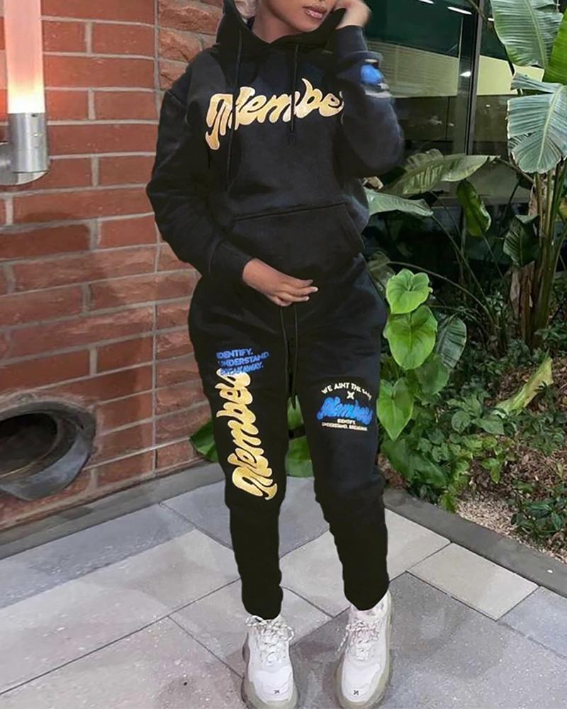 

Members Letter Print Hoodie Top & Drawstring Pants Set, Black