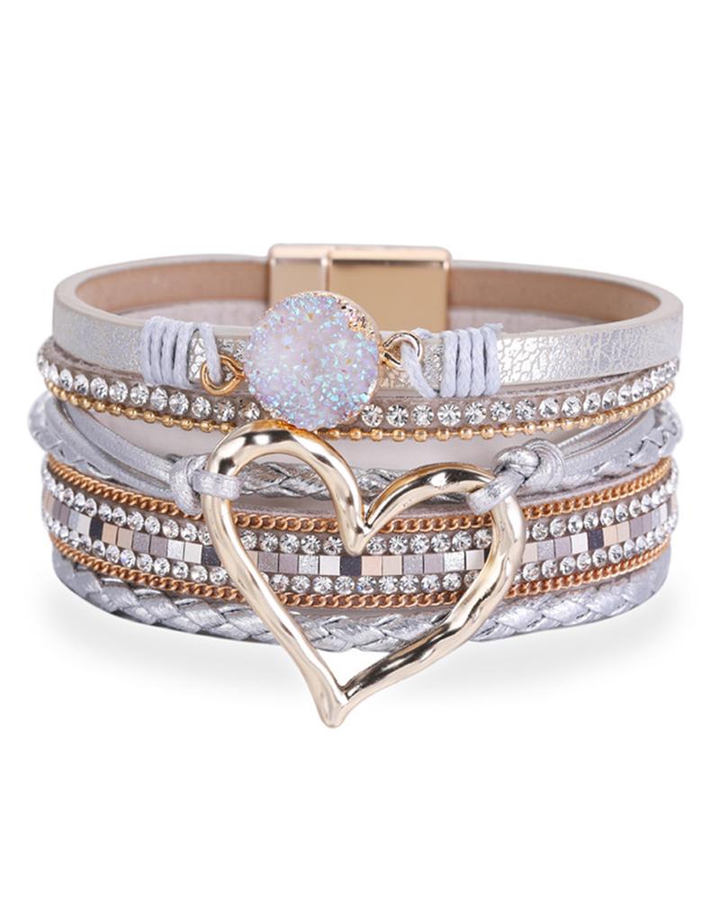 

1pc Tribal Multi-layer Heart Pattern Rhinestone Magnet Wide Bracelet, Silver