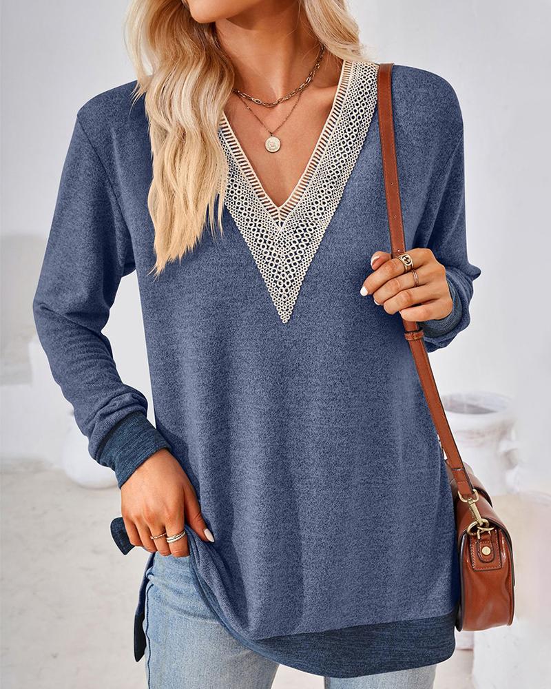 

Contrast Lace Hollow-out Slit Casual Top, Dark blue