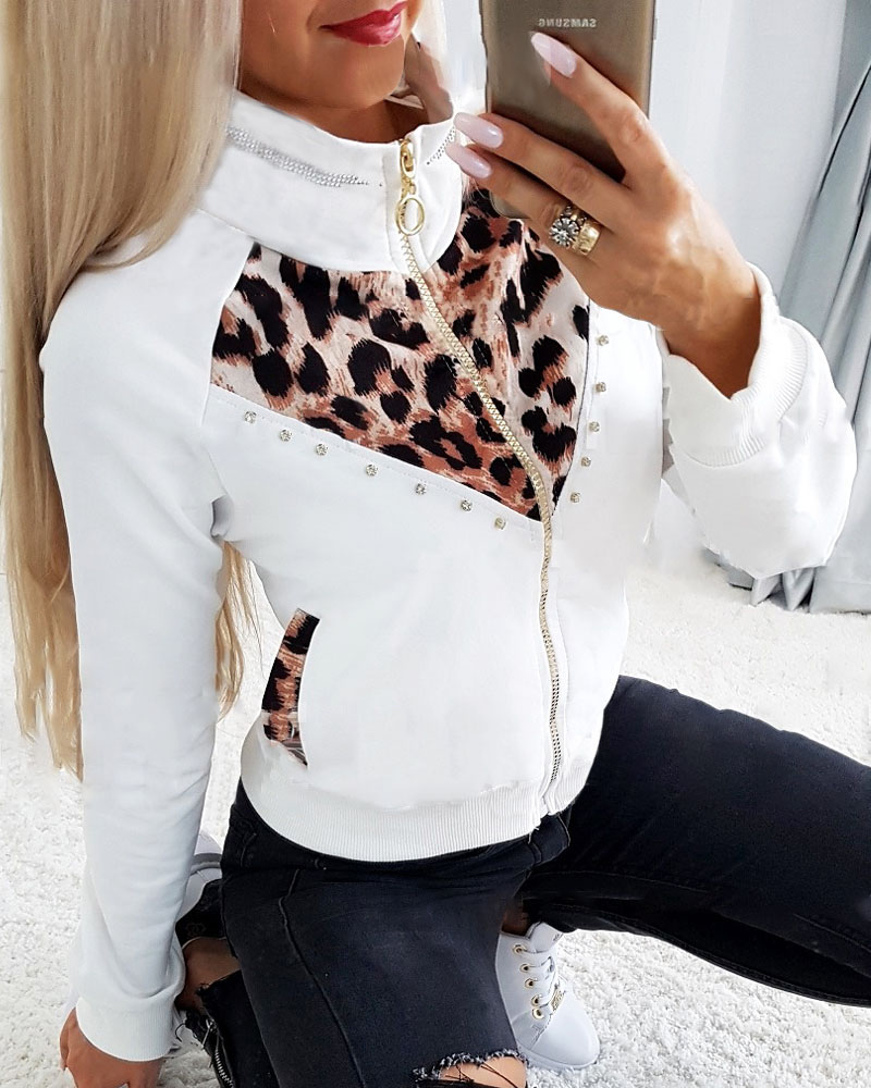 

Leopard Patch Rhinestone Decor Zip Up Coat, White