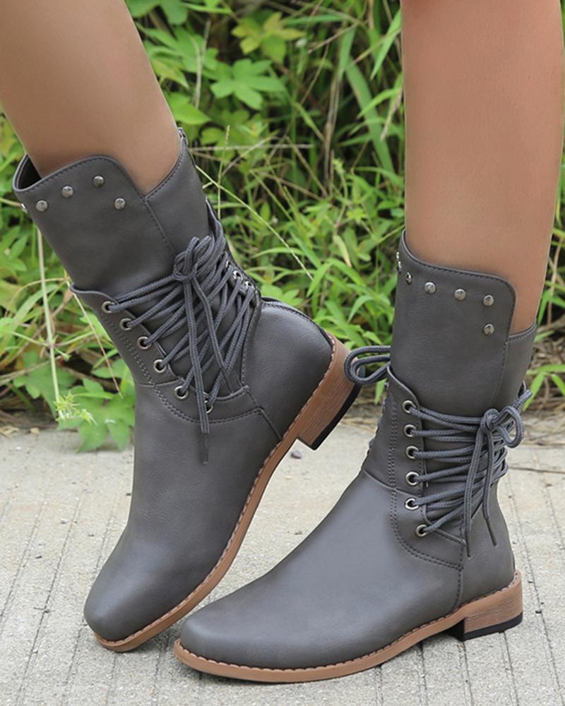 

Eyelet Lace-up Studded Cowboy Boots, Gray