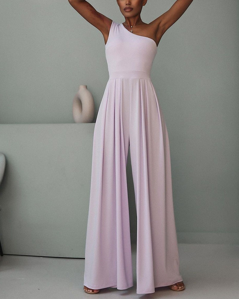 

One Shoulder Sleeveless Wide Leg Jumpsuit, Light purple