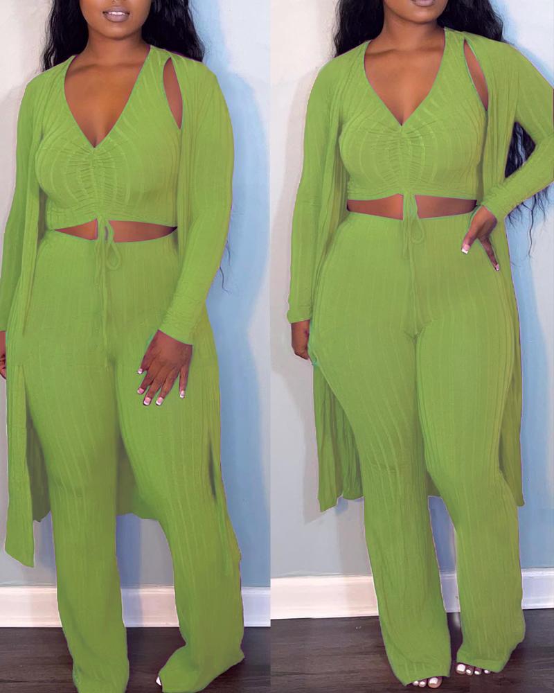 

3PCS Ribbed Crop Tank Top & Pants Set With Coat, Green
