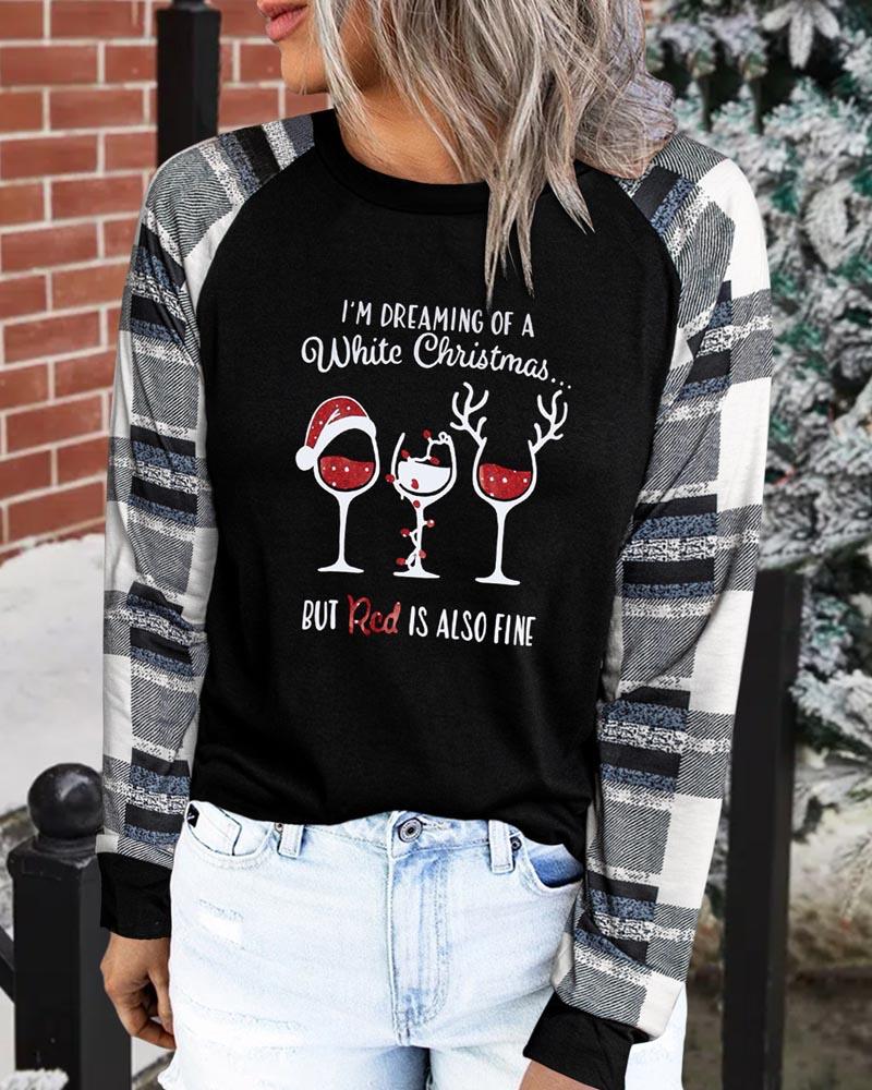 

Christmas Wine Glass Print Long Sleeve Top, Black