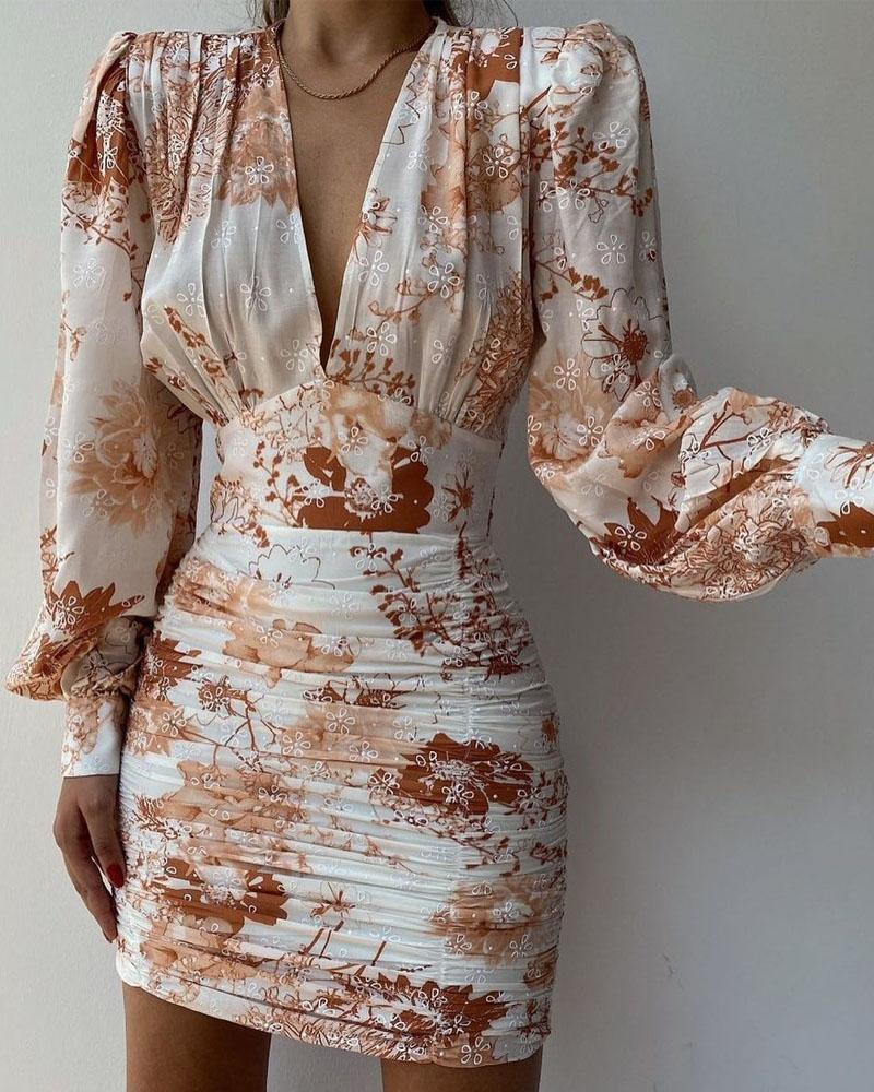 

Floral Print Embroidery Ruched Bodycon Dress, White