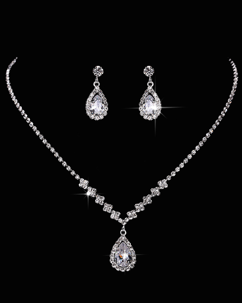 

2pcs Rhinestone Teardrop Earrings & Pendant Necklace Wedding Bridal Jewelry Set, Silver