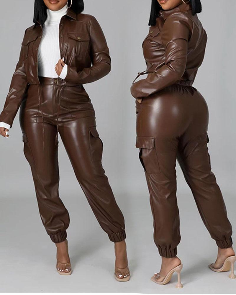 

PU Leather Long Sleeve Top & Cuffed Pants Set, Brown