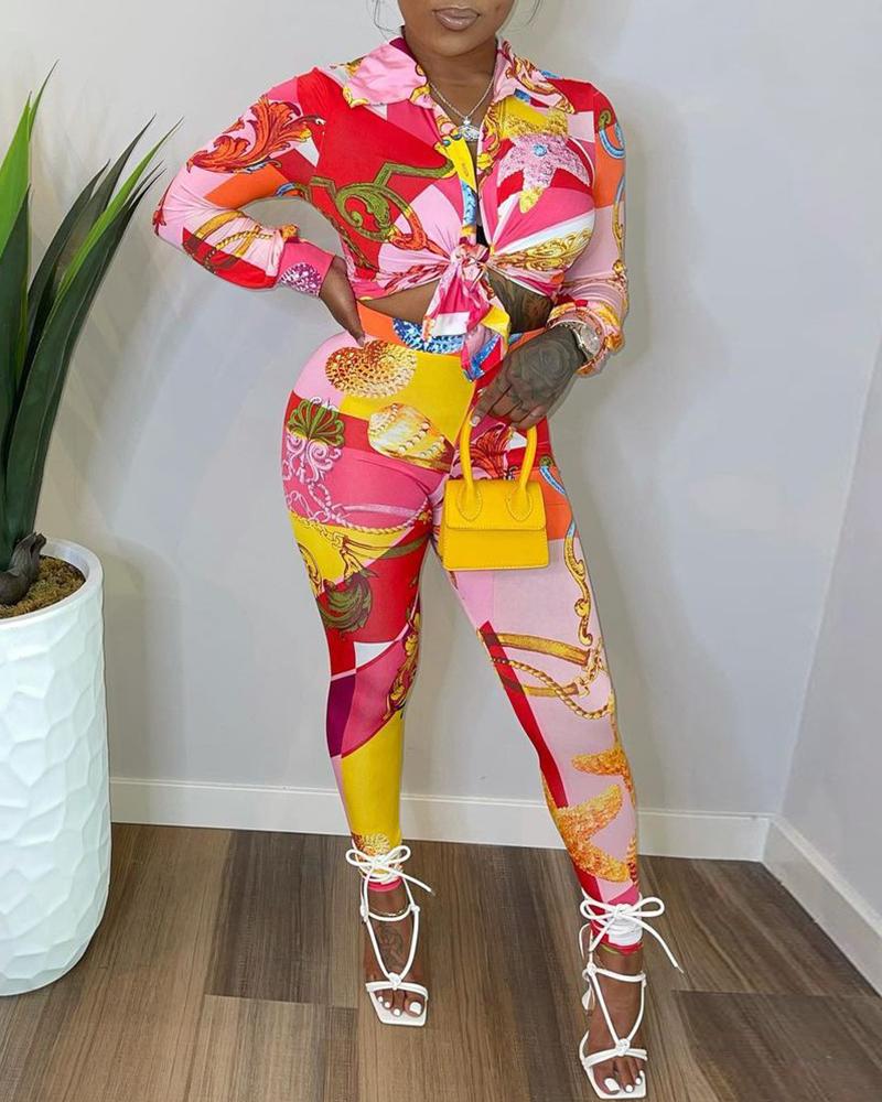 

Scarf Graphic Print Buttoned Top & Pants Set, Multicolor