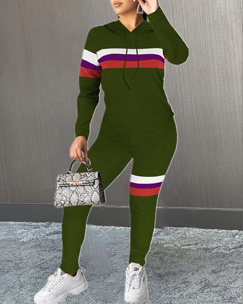 

Striped Print Colorblock Hooded Sweatshirt & Pants Set, Green