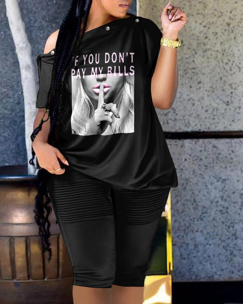 

Slogan Print Skew Neck Top & Shorts Set, Black