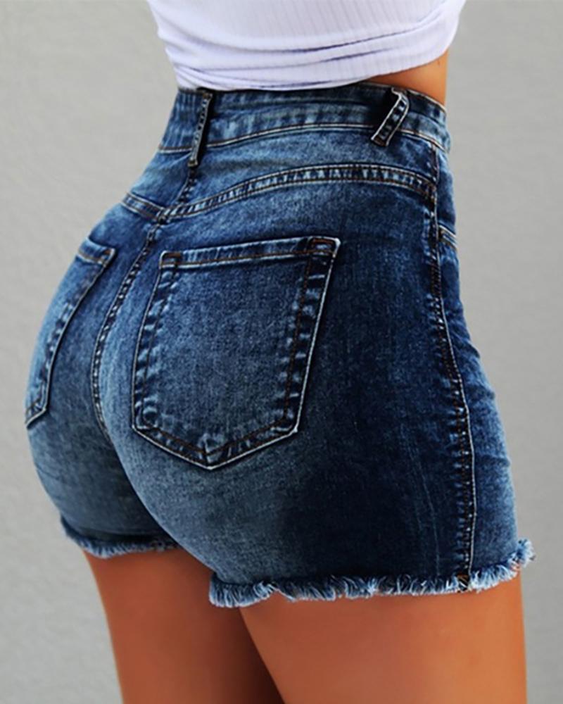 Buy High Waist Fringe Hem Casual Denim Shorts. Picture