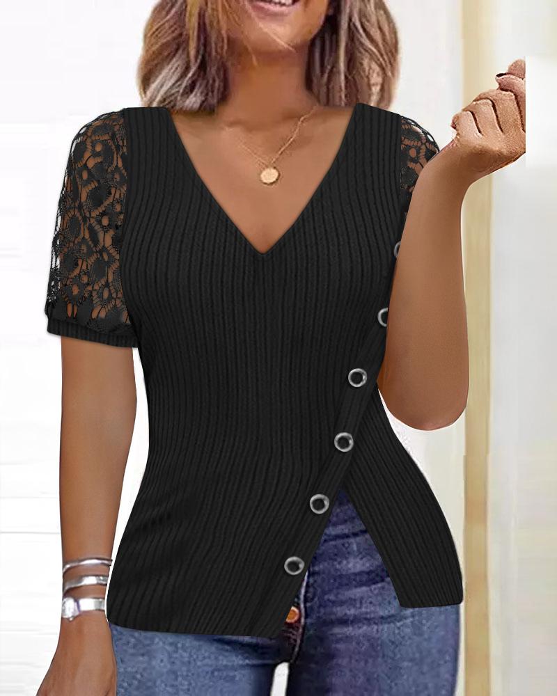 

Lace Patch Buttoned Slit Short Sleeve Top, Black