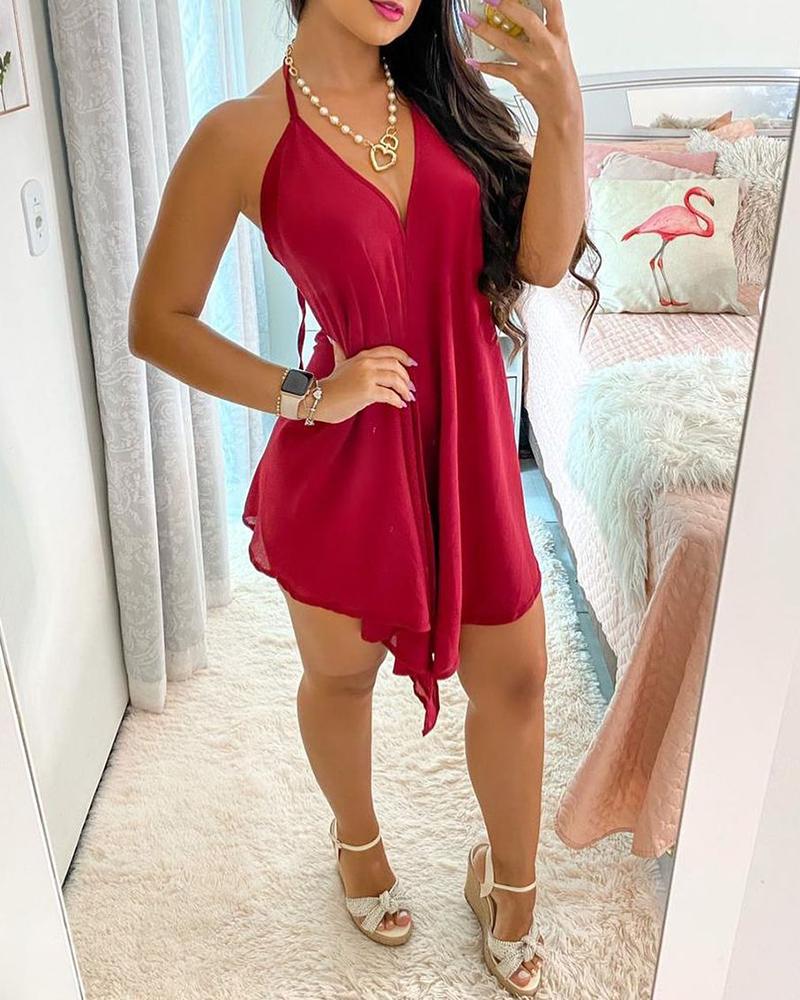 

Halter Spaghetti Strap Plunge Top With Belt, Wine red