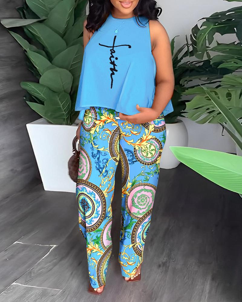 

Plus Size Faith Baroque Print Tank & Straight Leg Pants Set, Blue