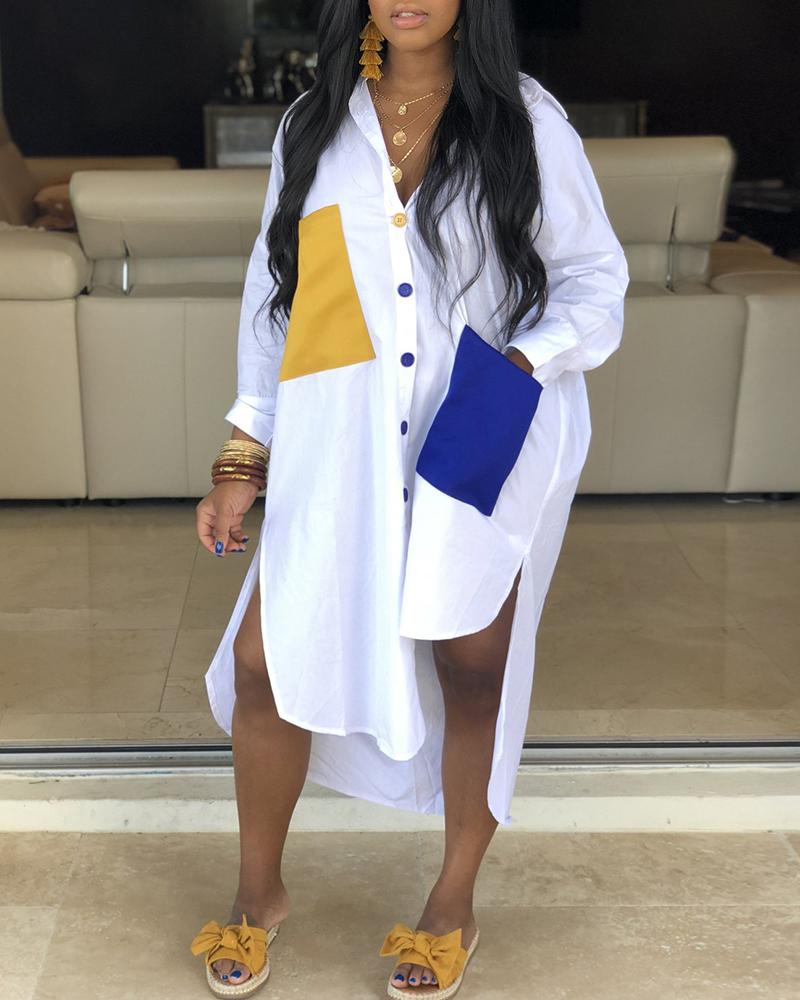 

Colorblock Pocket Design Irregular Shirt Dress, White