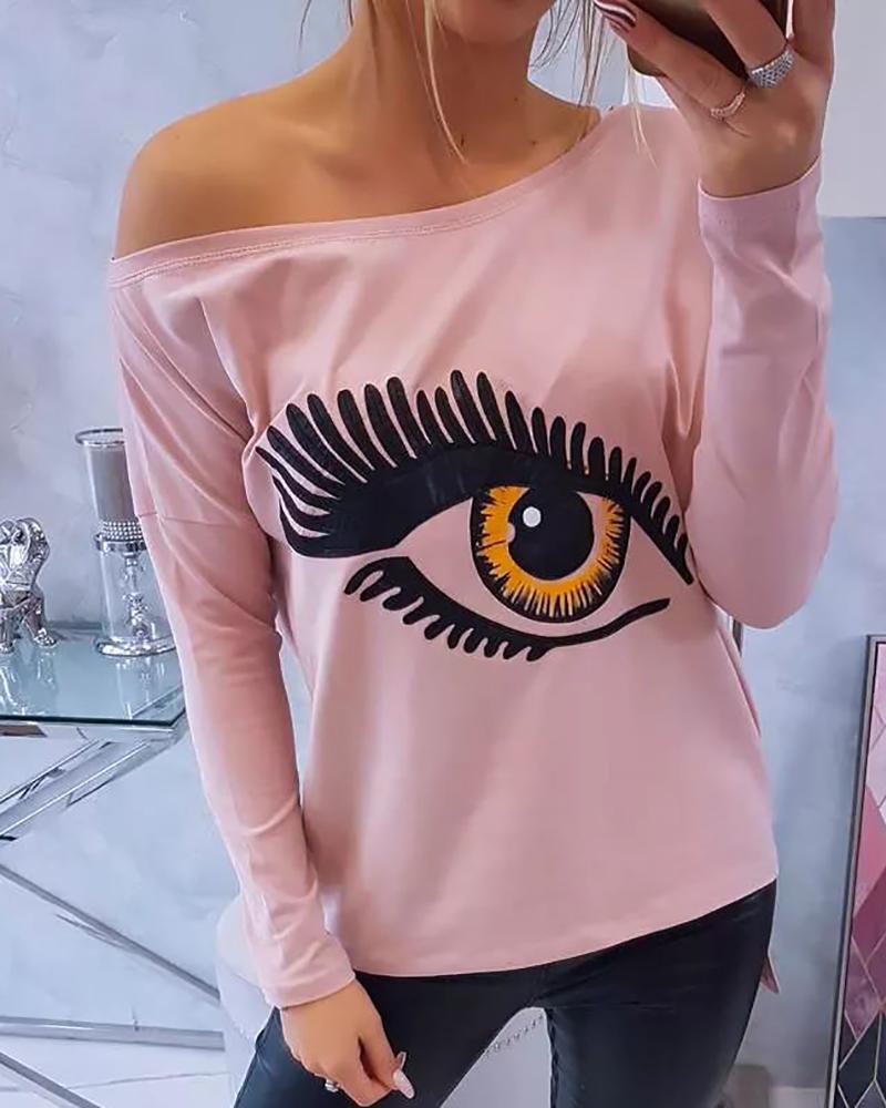 

Eyes Print Slash Neck Long Sleeve Top, Pink