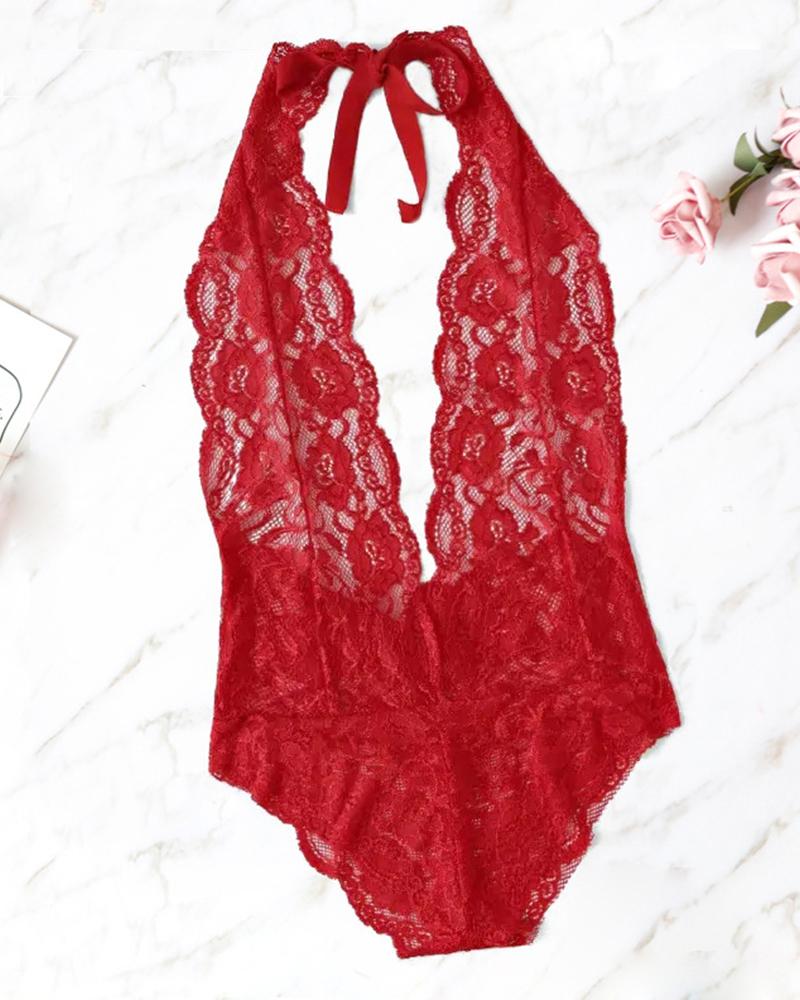 

Perspective Lace Hem Halter Bodysuit, Red