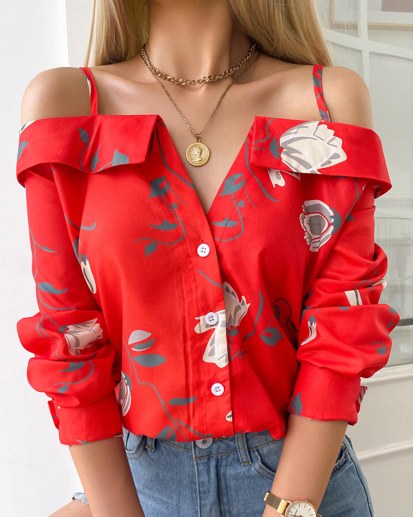 

Printed Floral Cold Shoulder Blouse, Red