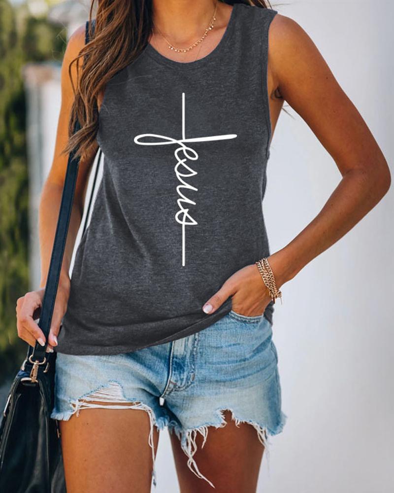 

Letter Cross Print Casual Tank Top, Dark grey