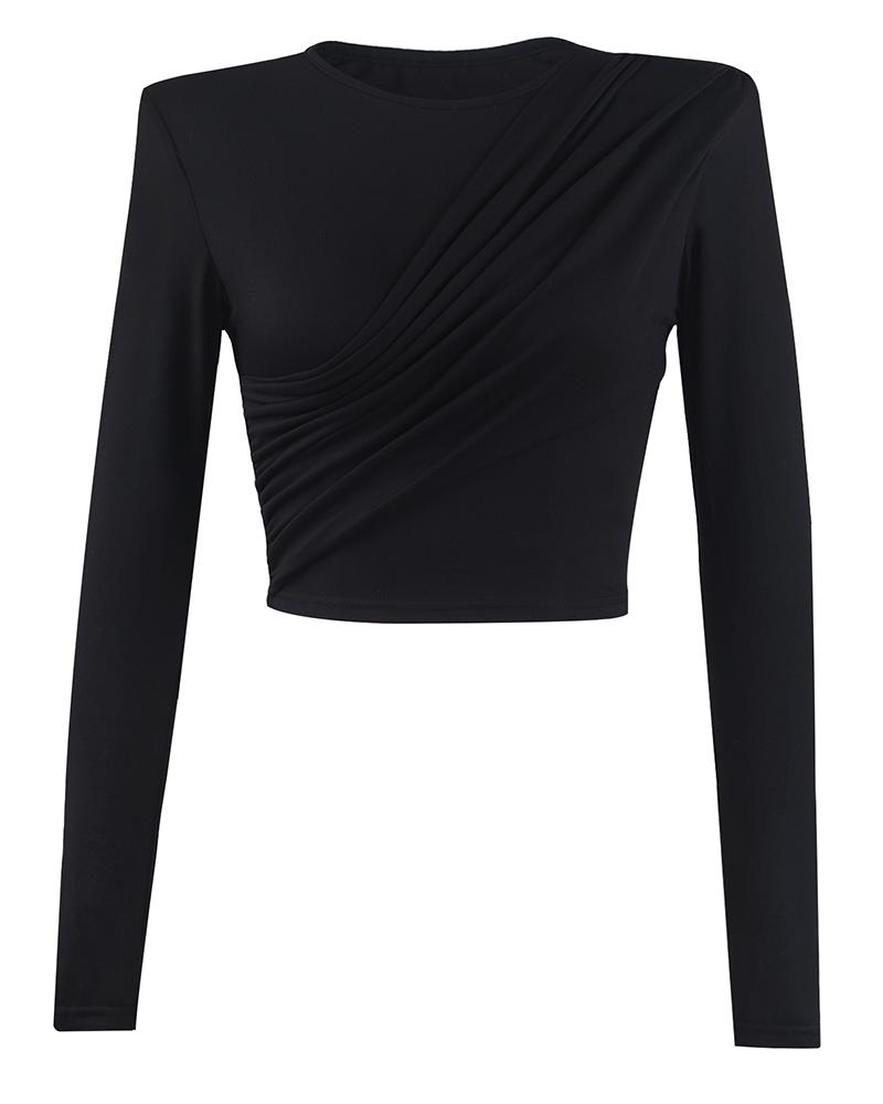 

Ruched Padded Shoulder Long Sleeve Skinny Top, Black