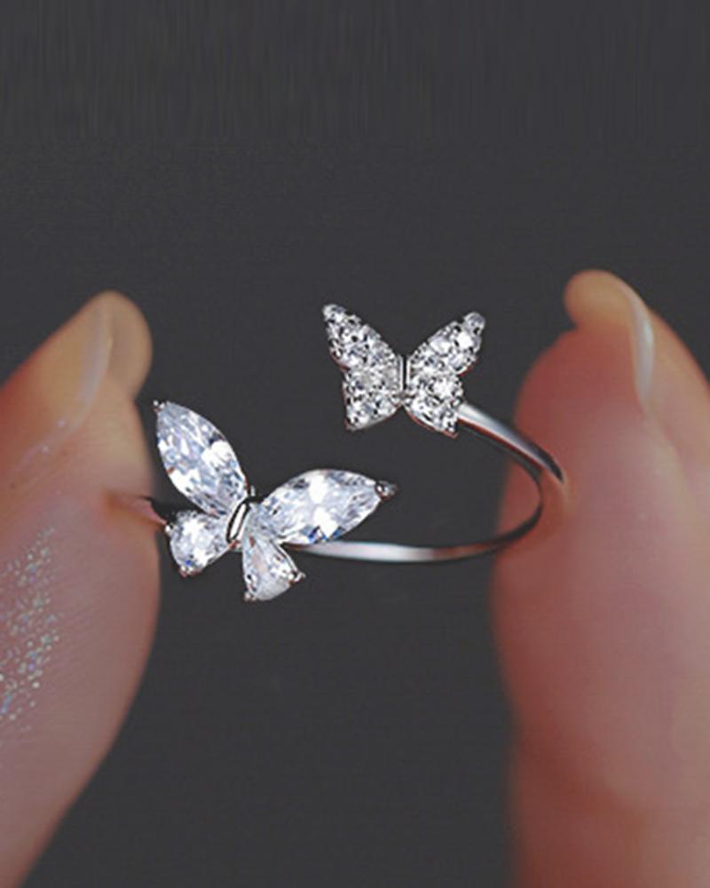 

1pc Rhinestone Butterfly Shaped Opening Ring, Silver