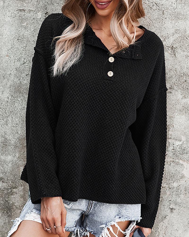 

Button Design Long Sleeve Casual Knit Sweater, Black