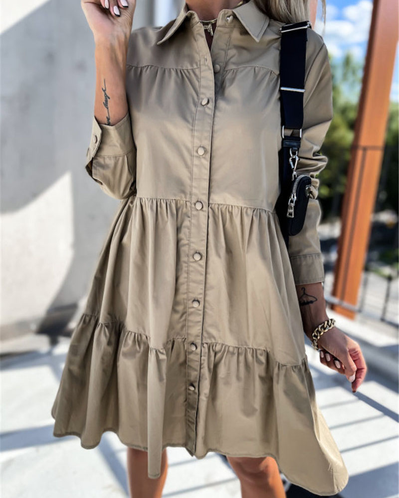

Long Sleeve Ruffle Hem Buttoned Shirt Dress, Khaki