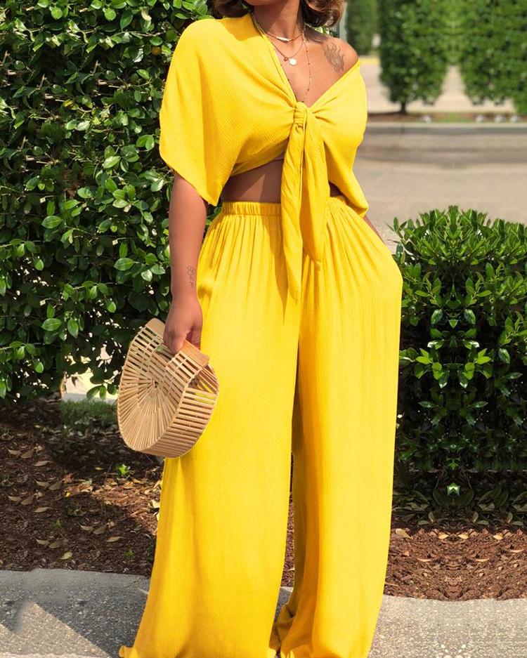 

Solid Knot Front Crop Top & Wide Leg Pants Sets, Yellow