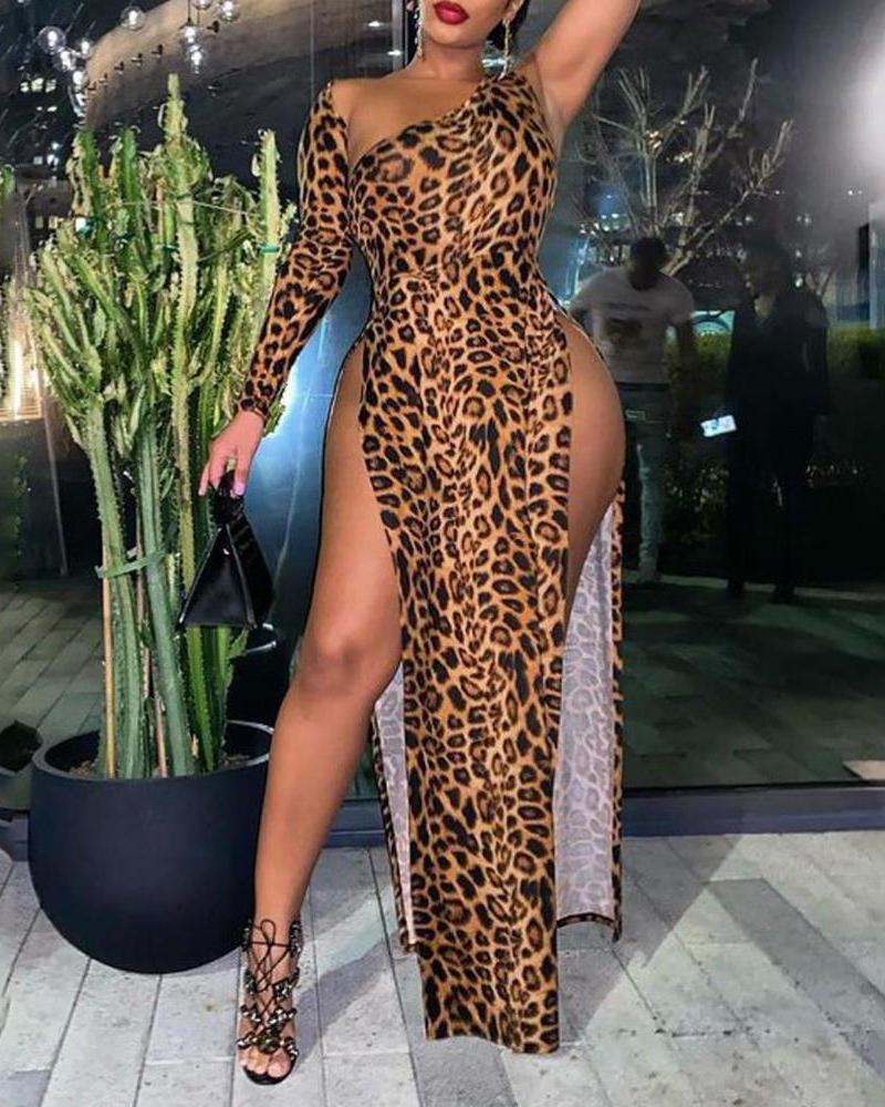 

Cheetah Print Asymmetrical Neck High Slit Dress, Multicolor