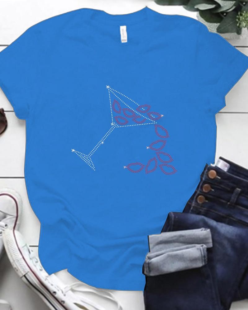 

Christmas Rhinestone Wine Glass Lip Pattern Casual T-shirt, Blue