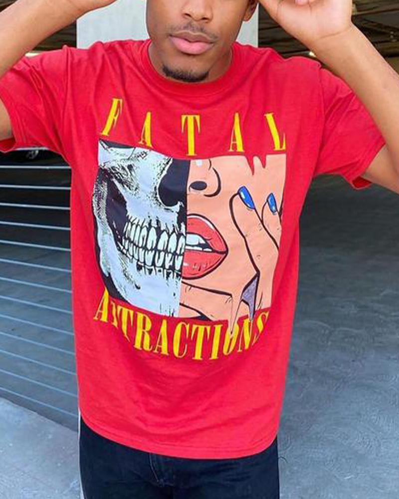 

Hip-hop Patterns Print Short Sleeve Loose T-shirts, Red