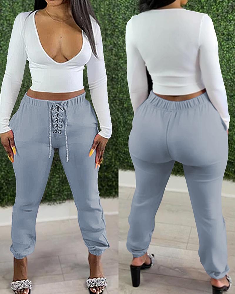 

Plunge Long Sleeve Top & Eyelet Lace-up Pants Set, Gray