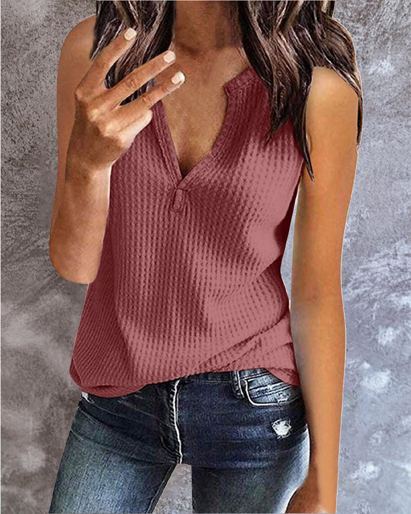 

V-Cut Waffle Knit Casual Tank Top, Red