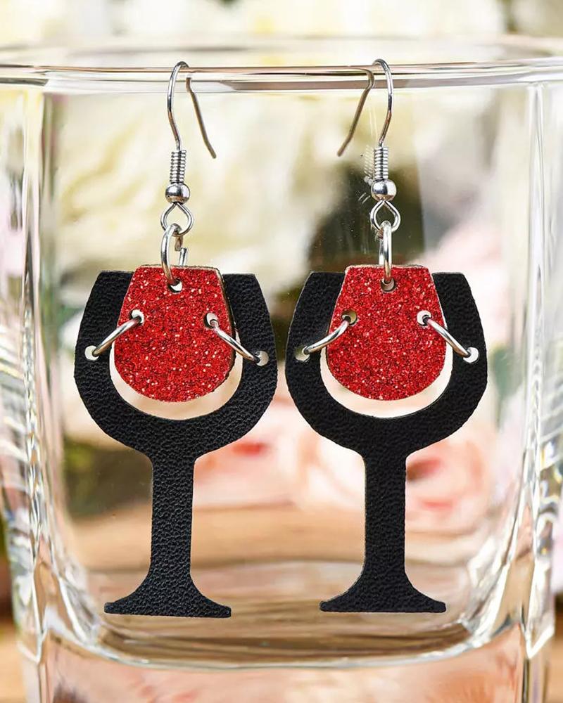 

1Pair Glitter Wine Glass PU Leather Drop Earrings, Red