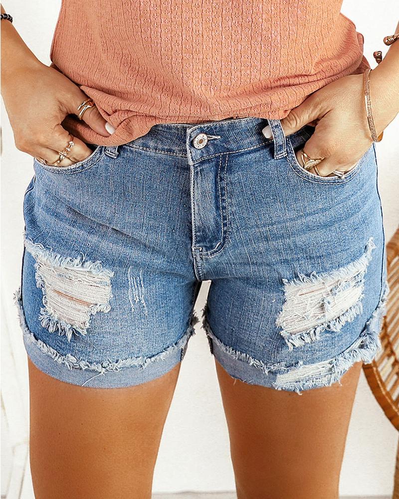 

Ripped Rolled Hem Denim Shorts, Blue